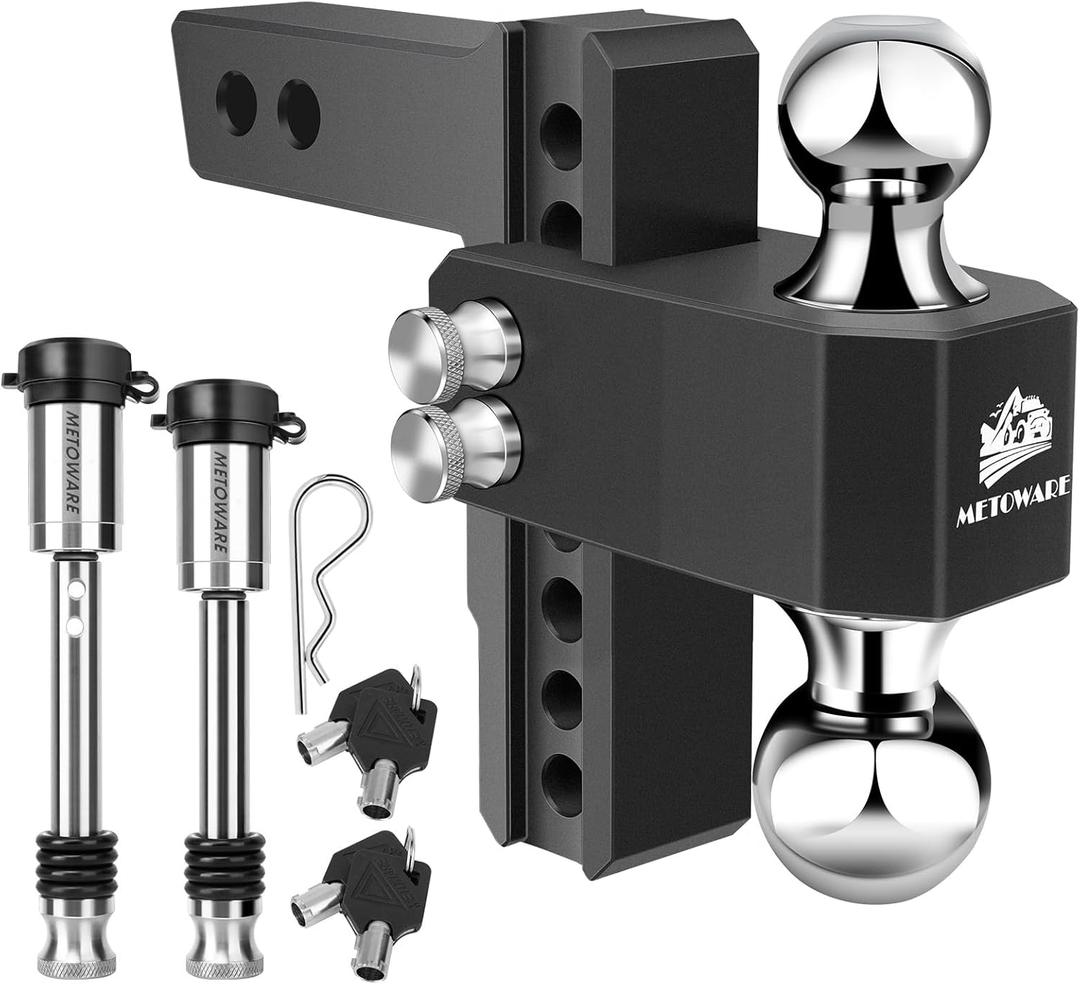METOWARE Adjustable Trailer Hitch - Aluminum Tow Hitch Fits 2-Inch Receiver - Heavy Duty Drop Hitch with 6-Inch Drop/Rise for Truck (12,500 LBS GTW), Double Stainless Steel Locks & Hitch Pin (Black)