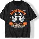 Graphic Tees Halloween Novelty Women Men Cotton Oversized Christian Goose with Pumpkin Washed T-Shirt (Black, S)