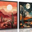 2 Pcs Sun Moon Desert Landscape Wall Art Day Night Western Wall Decor Southwest Boho Cactus Canvas Prints Nature Wilderness Paintings Mid Century Modern Mountain Poster Pictures For Living Room Unframed
