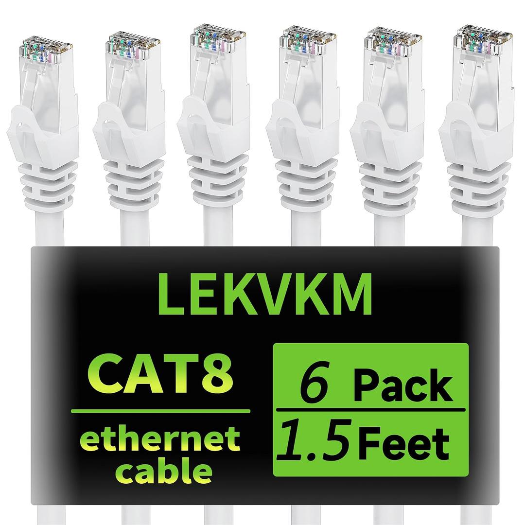 Cat8 Ethernet Cable 1.5 ft, 6-Pack S/FTP Shielded LAN Network Cord, 40Gbps 2000MHz Heavy Duty High Speed, Ideal for Server Rooms, Routers, Switches White