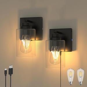 Dimmable Battery Operated Wall Sconce Set of Two, Rechargeable Wall Lamp No Wired Required, Easy Install Cordless Wall Light Fixtures for Bedroom Living Room Bathroom Hallway Farmhouse, Black (Touch Control)