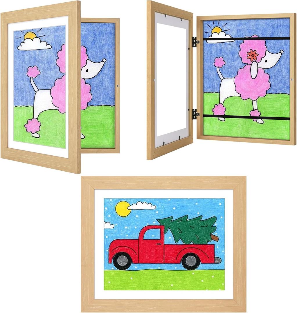 3Pack Kids Art Frames Natural Woodgrain, 10x12.5 Child Artwork Frame Without Mat Changeable Front Opening, 8.5x11 Frame With Mat, Children Storage Frame Holds Crafts, Drawing, Art Project, Schoolwork