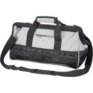 Amazon Basics Durable Wear-Resistant Tool Storage Bag with Adjustable Shoulder Strap, Portable Tool Organizer, 16 in, Black & Grey (Large Standard Bag)