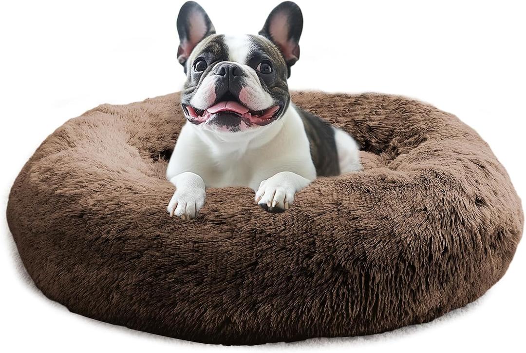 JOLLYVOGUE Calming Dog Bed Large Size Dog, Anti-Anxiety Donut Large Pet Bed, 36 inches Fluffy Faux Fur Round Cat Bed, Fits up to 75 lbs Pets (Coffee) (36.0"L x 36.0"W x 8.0"Th)