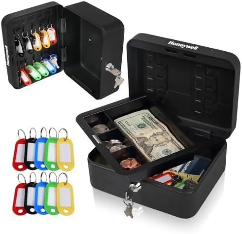 Honeywell Safes & Door Locks - Convertible Small Cash Box with Removable Money Tray - Durable Lock Box with Storage Under Tray & 10 Key hooks - Metal Money Safe with Key Lock - Black, 0.1 CU - 6111