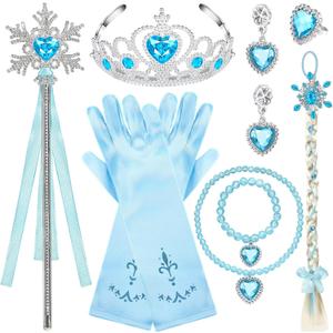 Lyrow 8 Pcs Princess Dress up Party Accessories Include Dress up Jewelry Princess Wand Gloves Fake Crown Wig Ring Necklace Bracelet Earring for Girls Cosplay Costume Set Holiday Birthday Party Favors