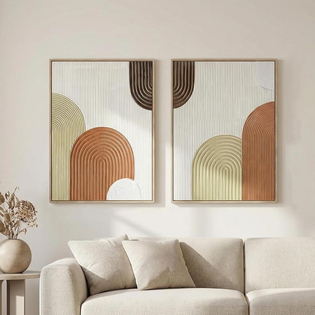 Artiluxy Set of 2 Framed 3D Textured Wall Art, Hand-Painted Raised Line Geometric Design, Neutral Beige and Brown, 18x24 Inch Each, Modern Decor for Living Room, Bedroom, Entryway