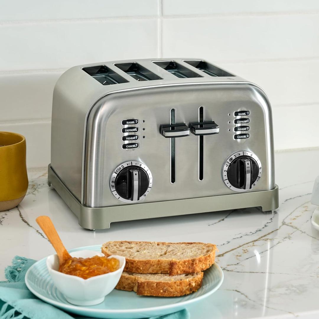 Cuisinart 4 Slice Compact Stainless Steel Toaster with Extra-Wide Slots for Bread, French Toast, Bagels & Pastries, Defrost & Reheat Functions, CPT-180P1, Brushed Stainless, Removable Crumb Tray