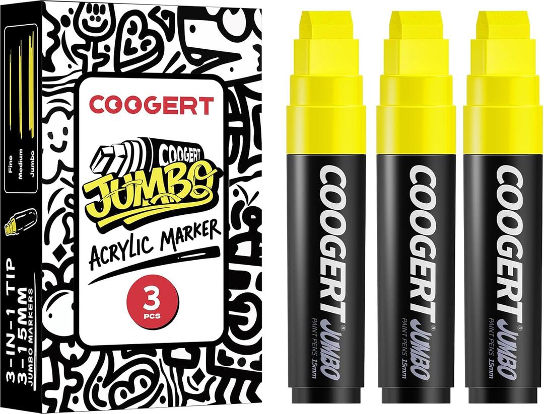 Coogert 3Pcs Yellow Jumbo Poster Markers, 15MM Thick Permanent Acrylic Graffiti Markers, Wide Tip Paint Marker for Canvas, Posters Board, Fabric, Window, Glass, Wood, Teachers,Banner painting supplies