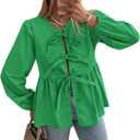 PRETTYGARDEN Women's Spring Fall Babydoll Peplum Blouse Shirt Puff Long Sleeve Bow Tie Front Trendy Cute Y2K Going Out Tops (Green, L)