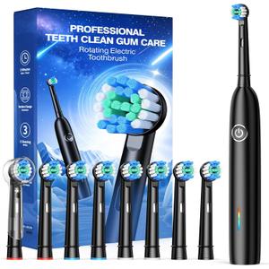 Rotating Electric Toothbrush with 8 Brush Heads for Adults and Kids, 3 Modes Rechargeable Power Toothbrush with 2-Minute Smart Timer, 45-Day Battery Life (Black)