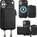 Bocasal for MagSafe Crossbody Wallet Case Compatible with iPhone 16, RFID Blocking Protective Purse Case with Card Slots Holder Kickstand Wrist Strap Lanyard Zipper 6.1 Inch 5G (Black)