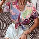 Women Hawaii Shirts: Soft Cool Floral Tropic Print V Neck Summer Tops Short Sleeve Button Up Tops T-Shirt (XL)