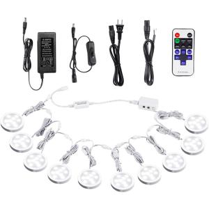 AIBOO Linkable Under Cabinet LED Lighting 12V Dimmable Puck Lights with Wireless RF Remote Control, Hardwired & Wall Plug in for Display Lighting(10 Lights, Daylight White)
