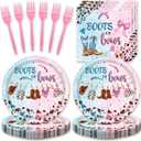 48Pcs Gender Reveal Decorations Boots or Bows Baby Gender Reveal Plates Napkins Forks Decorations Set for 16 Guests (blue and pink)