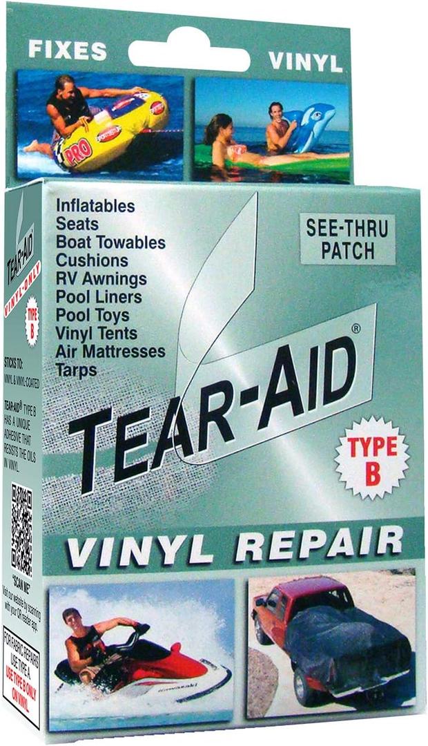TEAR-AID Vinyl Repair Kit, Type B Clear Patch for Vinyl-Coated Materials, Works on Tents, Awnings, Air Mattresses, Pool Liners and More, Green Box, Single Pack