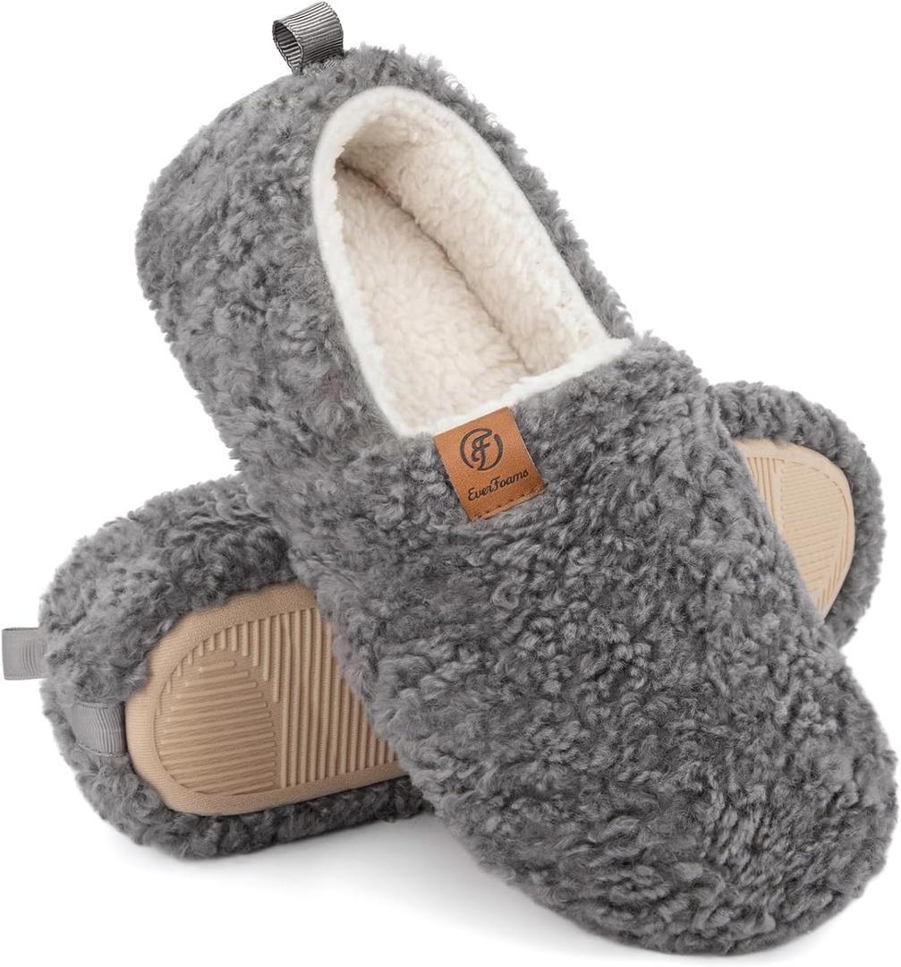 EverFoams Womens Soft Curly Full Slippers Memory Foam Lightweight House Shoes Cozy Loafer with Polar Fleece Lining (11-12, Grey)