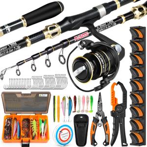 PLUSINNO Fishing Gear,Full Fishing kit Include Fishing Rod and Reel Combo, Tackle Box with Fishing Lures, Fishing Accessories, Fishing Pliers,Fishing Gifts for Men with Fishing Tool Kit,Orange Fishing Combo With Fishing Rod