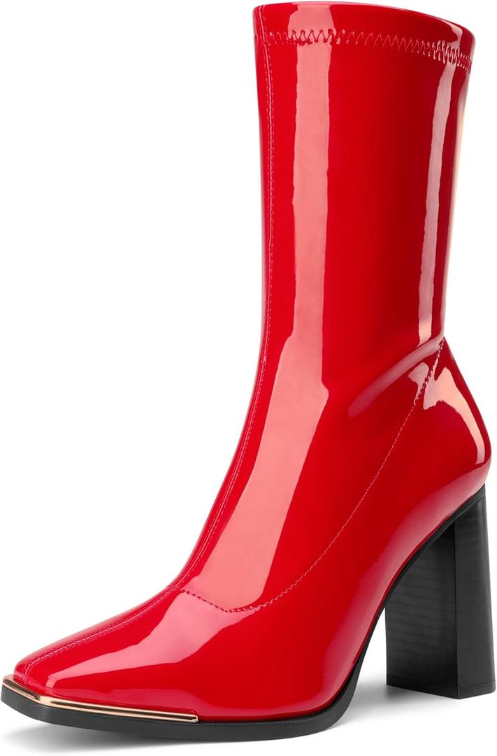 DREAM PAIRS Women's Square Toe Gogo Boots Elastic Ankle Boots High Chunky Block Heel Mid Calf Boots (9, Red/Pu)