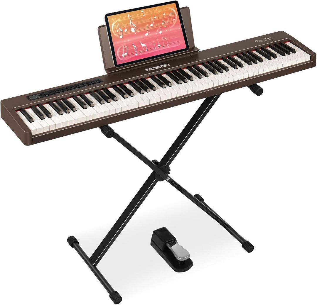 MOSEN 88-key digital piano keyboard with semi-weighted keys, double keyboard, LED display, 380 tones, 128 rhythms, 88 demo songs, Piano Lessons, keyboard stand and sustain pedal (MSP-45WR)-Brown