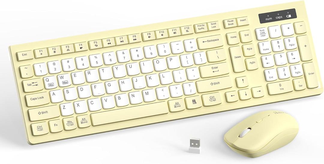 Wireless Keyboard and Mouse Combo, Full-Sized Wireless Keyboard and Adjustable DPI Mouse, 2.4GHz USB Receiver, Silent Keyboard and Mouse for PC, Windows, MAC, Desktop, Laptop (Canary Yellow-B)