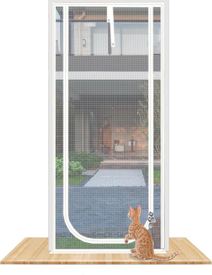 Reinforced Cat Screen Door,Fits Door Opening Size 32''x 80'',Thickened Cat Resistant Mesh Screen Door for Living Room,Kitchen,Bedroom,Cat Proof Screen with Zipper Closure. (U-Type,White)