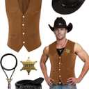 5 Pcs Western Outfits for Men Cowboy Suede Leather Vest Hat Necktie Buckle Belt Sheriff Badge for Halloween Costume (X-Large, Brown)