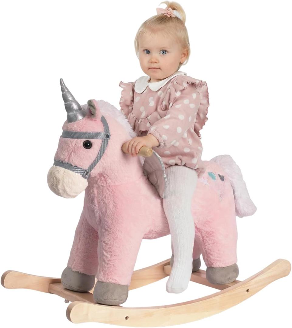 Plush Rocking Horse for Toddlers 18 M+, Stuffed Unicorn Rocker with Realistic Sounds, Soft Ride-On Pony, Birthday Gift for Kids (Pink Unicorn), Large