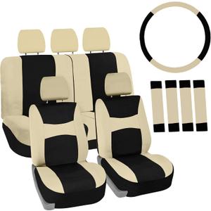 Automotive Seat Covers Beige Black Universal Fit Seat Cover Combo Set with Steering Wheel Cover and Seat Belt Pad (Airbag Compatible and Split Bench)