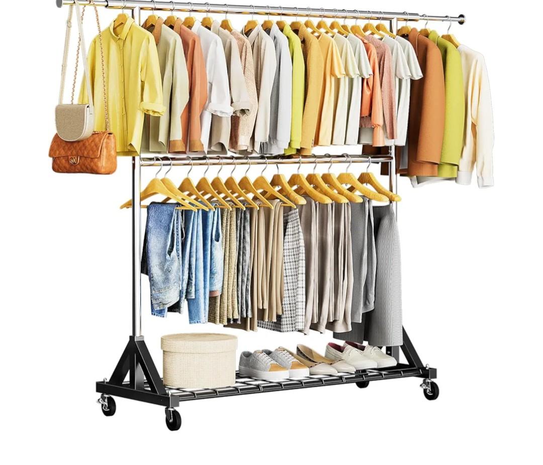 Luxspire Heavy Duty Clothes Rack Load 600 LBS, Double Rod Clothing Rack, Rolling Garment Racks with Lockable Wheels, Shelves, Adjustable Laundry Hanging Racks for Clothes