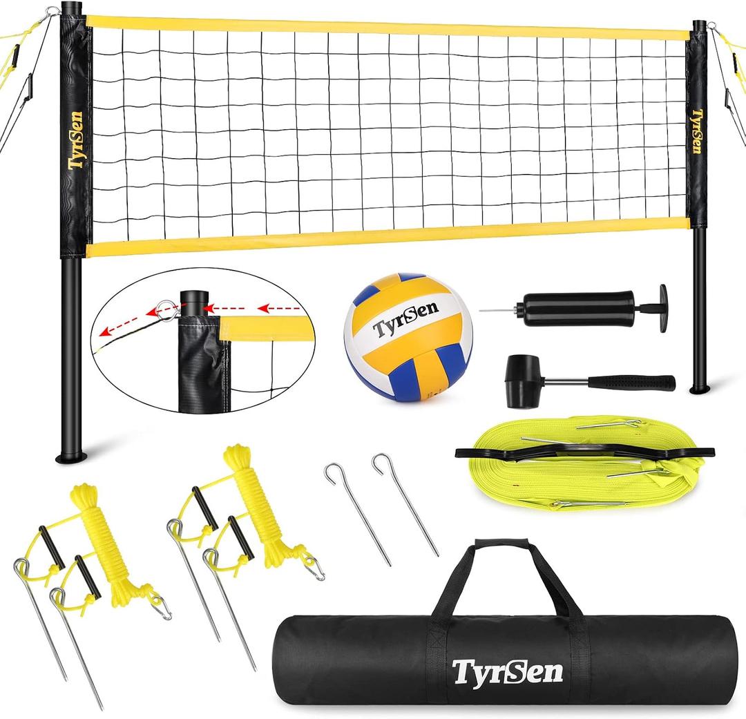 Volleyball Net Outdoor, Professional Volleyball Net for Backyard with Anti-Sag Device Adjustable Height Poles, Portable Volleyball Set with Official Volleyball, Pump, Boundary Line