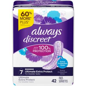 Always Discreet Adult Incontinence Pads for Women, Ultimate Extra Absorbency, Long Length, Postpartum Pads, 42 Count
