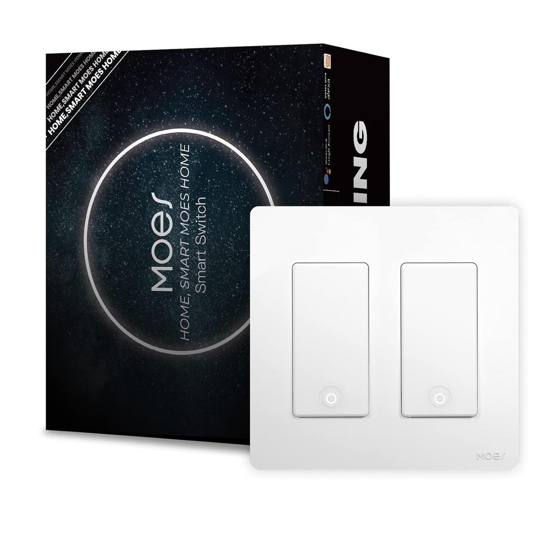 MoesGo 2nd Gen WiFi Smart Switch, 3-Way Switch, 2.4GHz WiFi, Neutral Wire Required, Remote Control, Compatible with Alexa/Google Home, No Hub Needed, White 2-Gang