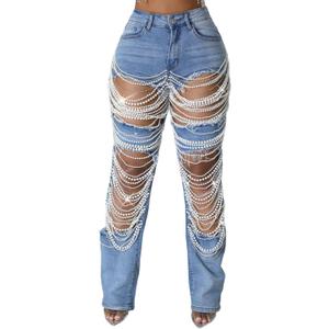 DINGANG Women's Cut Out Straight Leg Ripped Jeans with Rhinestones Pearl Bling Distressed Stretchy Denim Pants (Blue)