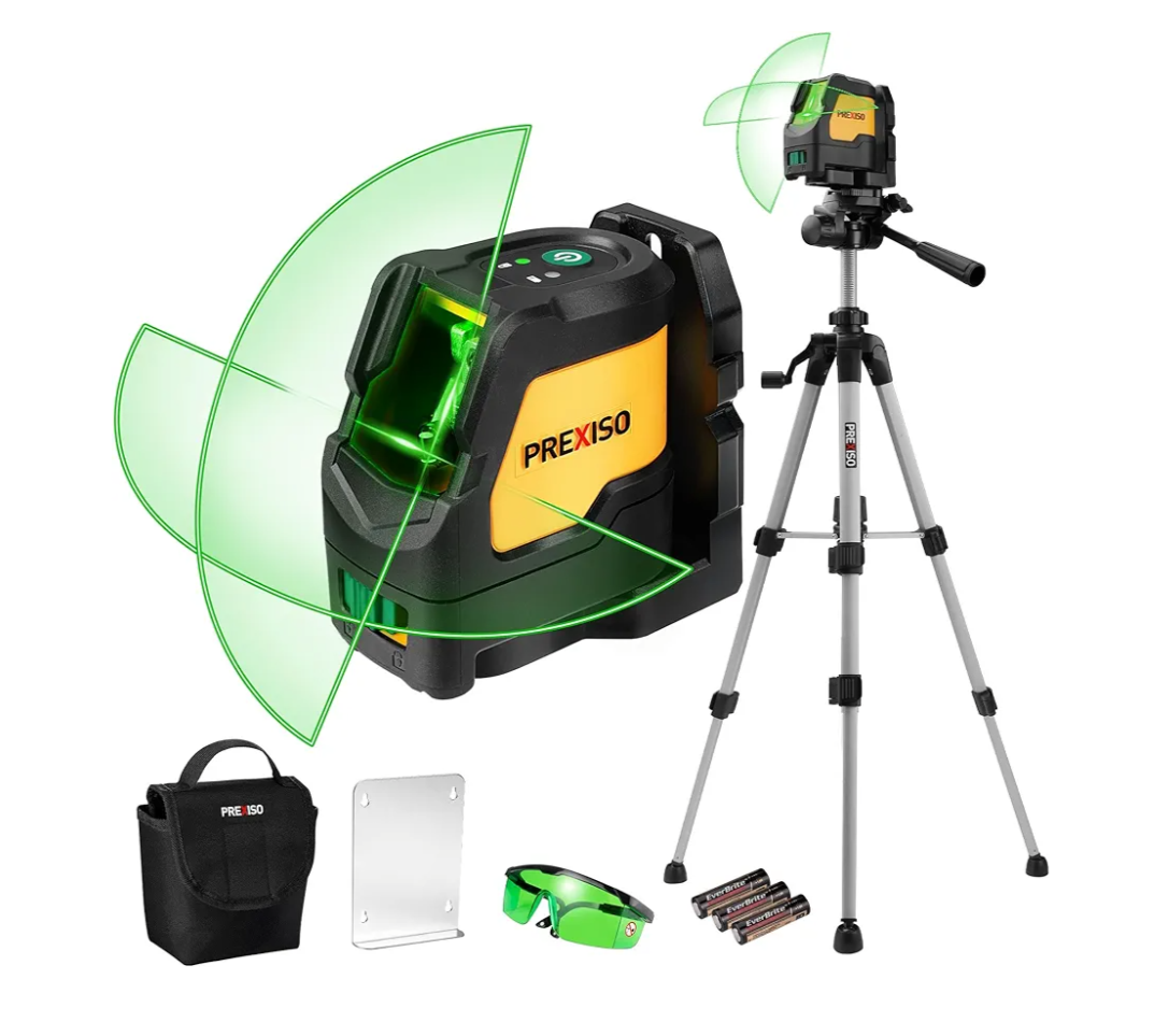 Prexiso Laser Level with Tripod, IP54 Professional 150 Wide Angle - 100Ft Cross Laser Line Tool for Construction, Ceiling Alignment, Floor Tile