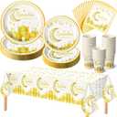 Blushtier 97 Pcs Ramadan Eid Mubarak Party Tableware Set for 24 Guests Include 9" Dinner Plates, 7" Dessert Plates, 9 oz Cups, Eid Mubarak Napkins, Tablecloth for Ramadan Decorations (White and Gold)