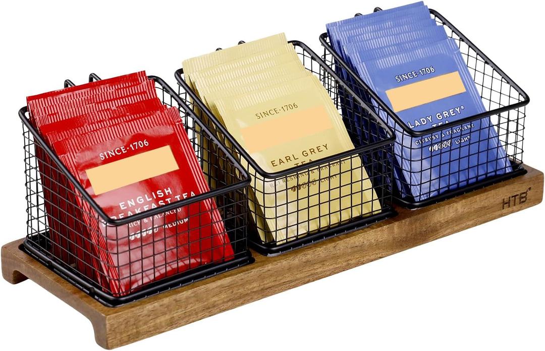 HTB Tea Organizer for Tea Bags, Tea Bag Holder with Acacia Wood Stand and 3 Removable Metal Basket for Sugar Packets, Sweeteners, Creamers for Cabinet, Countertop (OGB-148)