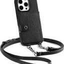 LUCKYCOIN for iPhone 16 Pro Crossbody Wallet Phone Case,Compatible with MagSafe,Genuine Leather Magnetic Phone Case with Card Holder and Adjustable Strap,with RFID Blocking Black