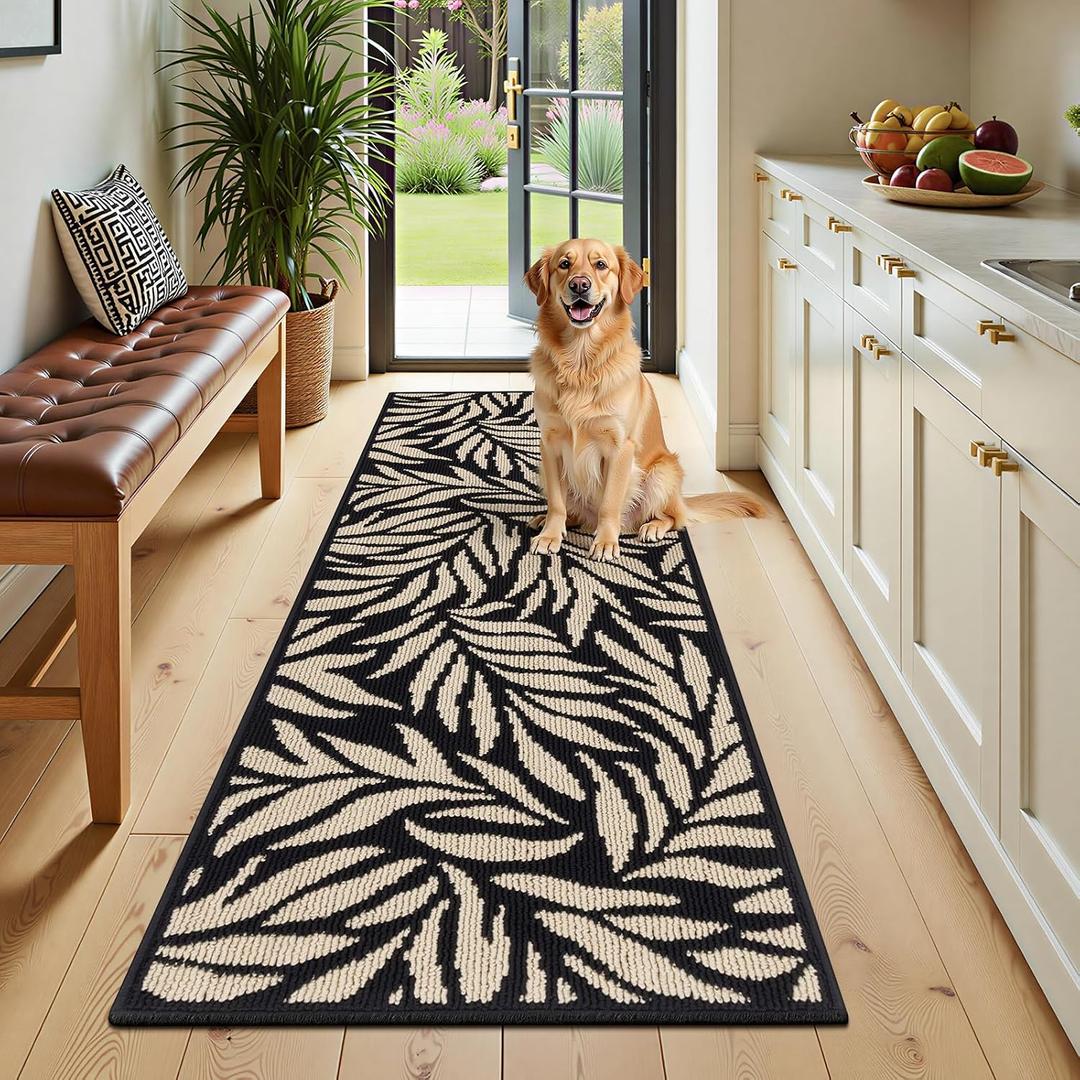 Ileading Hallway Runner Rug 2x6ft Kitchen Floor Mat Modern Leaves Non Slip Throw Rugs Busy Traffic Extended Indoor Doormat Machine Washable Accent Carpet for Laundry Bedroom(Black)