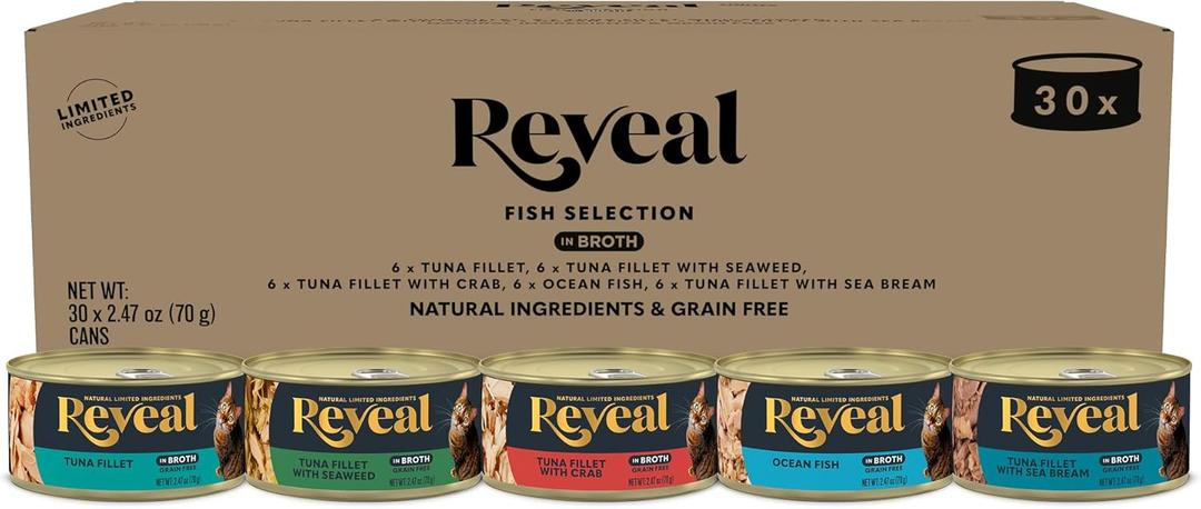 Reveal Natural Wet Canned Cat Food, 5-Flavor Variety Pack, Limited Ingredient, Grain Free, High Protein with No Artificial Additives, Fish Variety in Broth (30 x 2.47 oz Cans) (EXP 01/20/29)