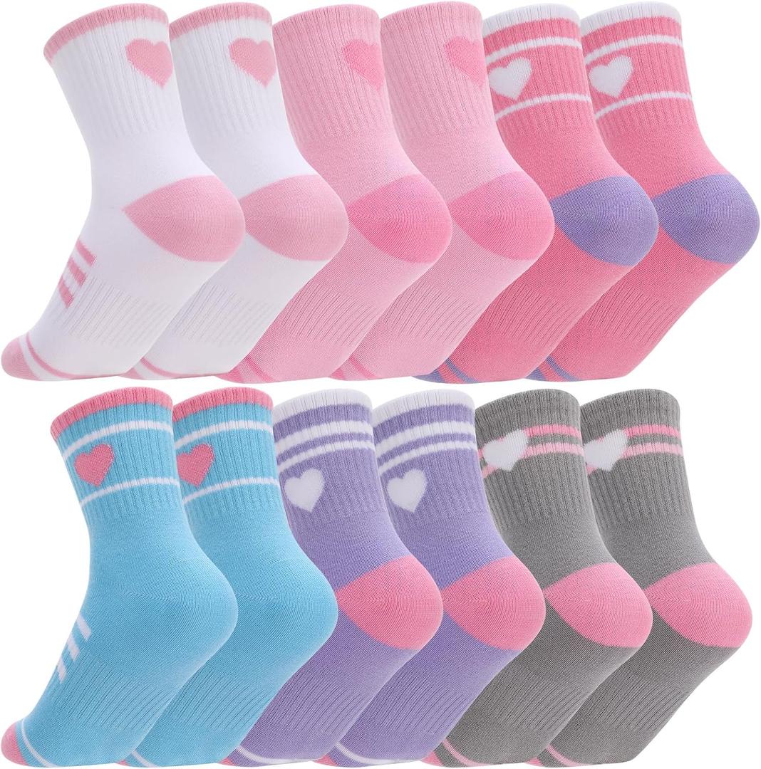 Jspupifip 6 Pairs Kids Girls Pink White Crew Athletic Socks with Stripes Hearts,Casual Stretchy Socks for Girls and Boys, Size: 9-12 Years