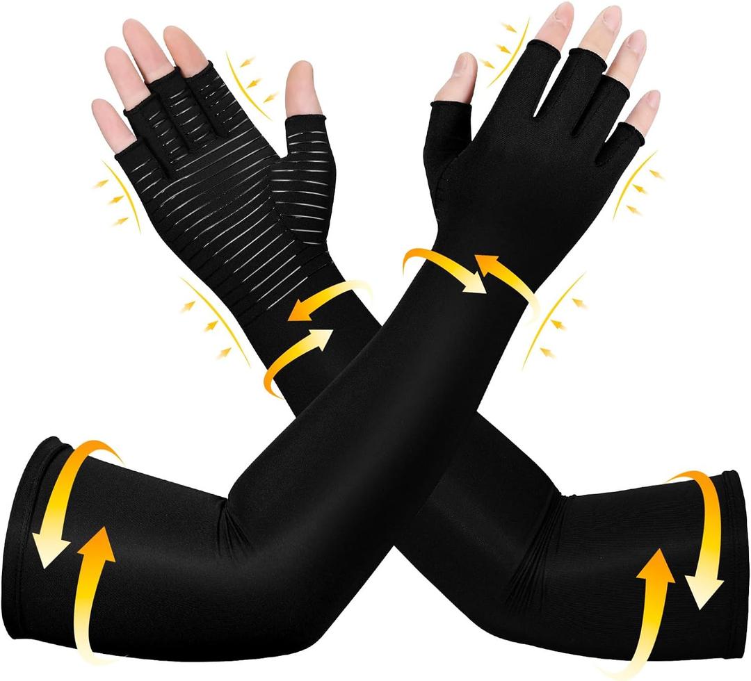 Long Copper Compression Arthritis Gloves for Women & Men, Medical Arm & Hand Compression Gloves, Fingerless Pressuse Gloves, Hand Support Sleeves for Carpal Tunnel, Lymphedema, Hand Pain, Edema (Medium, Black)