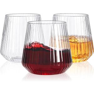 YOUBET 40 Pack Plastic Ribbed Wine Glasses  14 OZ Clear Thicker Origami Stemless Disposable Wine Glasses  Heavy Duty Unbreakable Vintage Whiskey Cups for Wedding Parties Bar