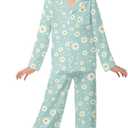 CARETOO Kids Pajamas Girl Button down Long Sleeve Long Pants with Headband Girls' Pajama Sets Green Daisy Nightwear Sleepwear Gift Girls Pajamas Size 10-12