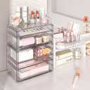 Delamu 3-Tier Clear Makeup Organizer with Drawer, Acrylic Cosmetic Display Case for Makeup Vanity Bathroom Counter Organizers and Storage, Stackable Vanity Organizer for Brushes Lipsticks Skincare