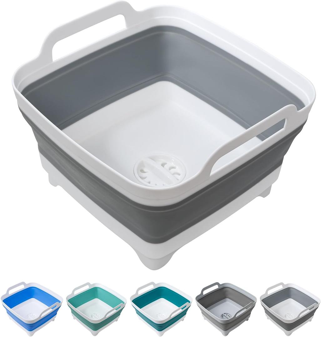 Dishpan for Washing Dishes, 2.4Gal/9L Wash Basin with Draining Plug Carry Handles, Collapsible Bucket for Cleaning, Portable Sink, Foldable Plastic Tub