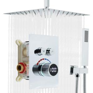 Digital Display Shower System Set 16 Inches Rain Fall Head Temperature Valve Shower Handheld Shower Head Sets for Bathroom Concealed Installation