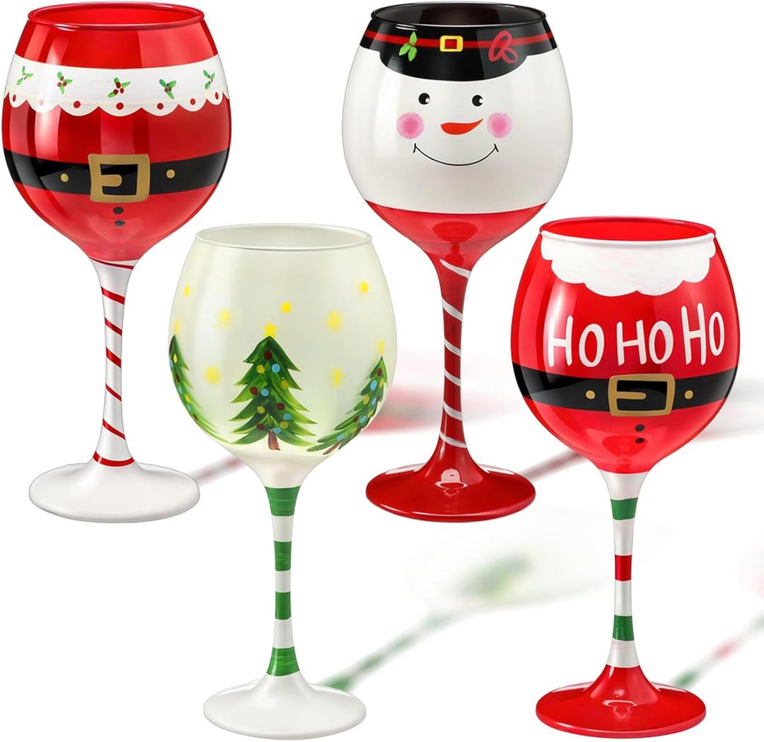 LemonRoad 4 Pcs 16.8 oz Christmas Wine Glasses Christmas Santa Drinking Glasses Festive Santa Belt and Snowman Drinking Goblets Cups with Stem Winter Glassware Wineglass Gift for Xmas Eve Party Favors