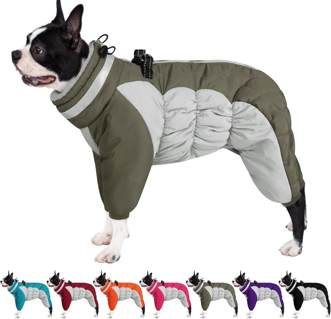 AOFITEE Dog Coat Warm Dog Puffer Jacket for Winter, Windproof Dogs Coat with Harness Built in, Reflective Turtleneck Dogs Winter Jacket Snowsuit, Full Body Fleece Coats for Small Medium Large Pet (Army Green)