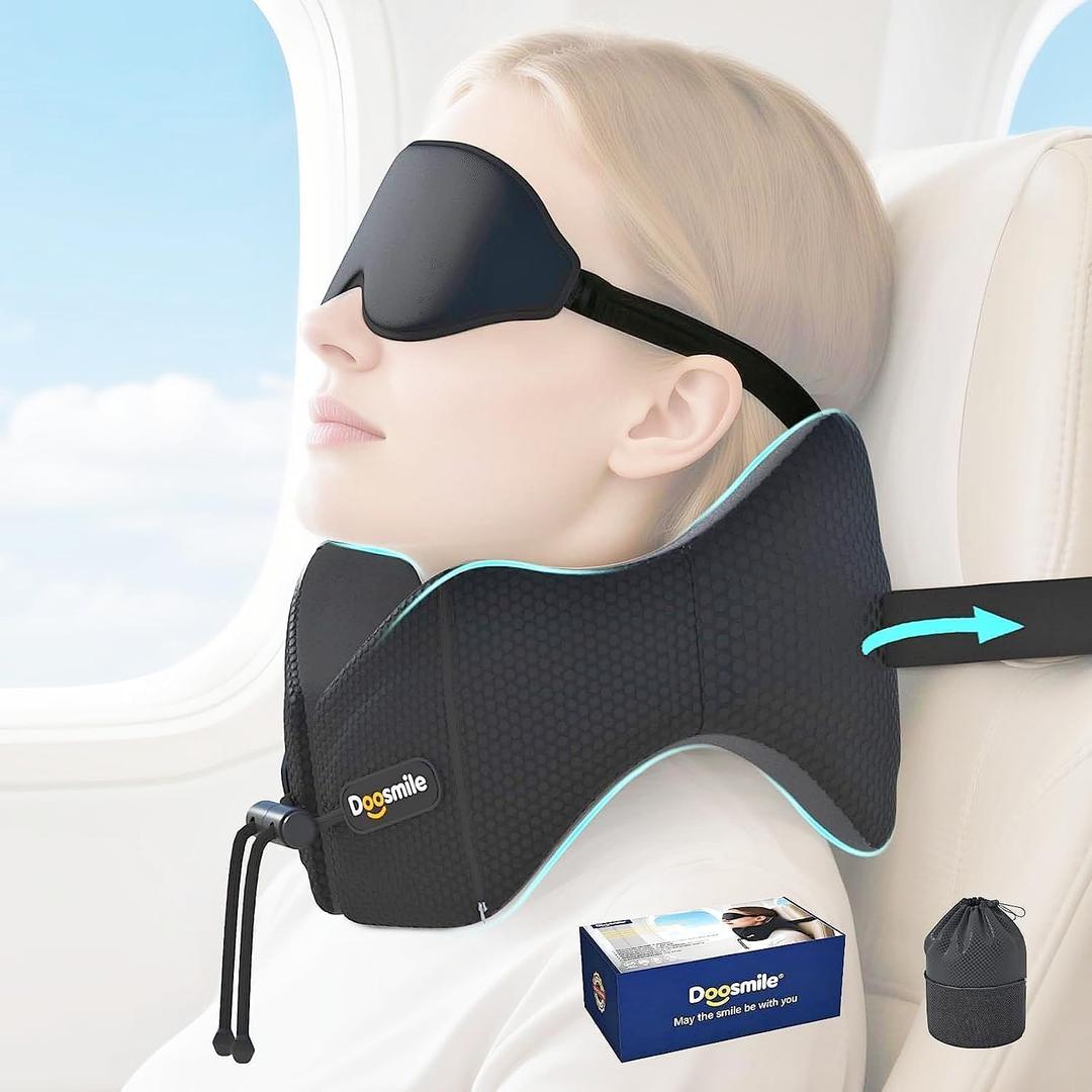 Patented Head-Bobble-preventing Ergonomic 360° Supporting Golden Formula Memory Foam Travel Neck Pillow w/3D Contoured Eye Mask Set Long Trip Sleeping Essentials for Airplane Flight Car Bus